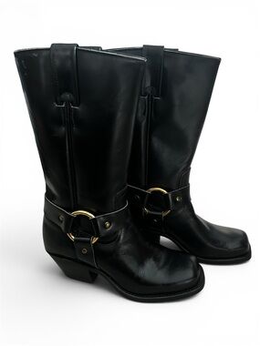 NEW Boulet 4001 Black Leather Harness Mid-Calf Boots with Gold Ring Detail
